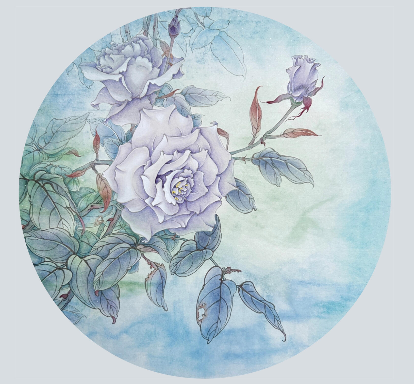 Realm of Tranquil Blue / 幽蓝之境 2025 ( Chinese Watercolour Pigments on Mica Xuanpaper, 40 cm in Diameter)