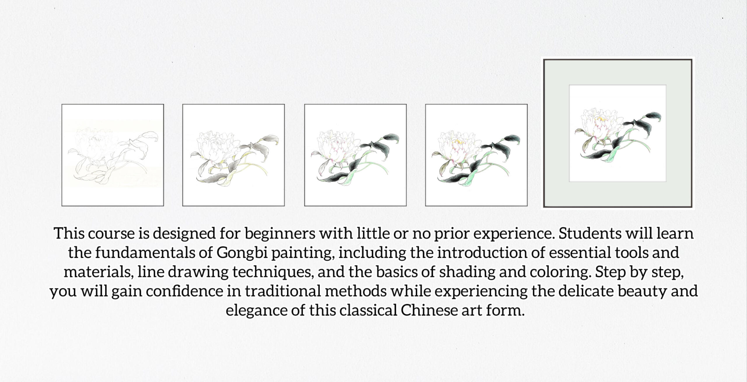 Gongbi Beginner's Course: private in-person lessons on line drawing, shading, and colouring. Experience the elegance of traditional Chinese painting. You can also find and book this course via classbento.com.au, or reach out via the "Contact" button below.