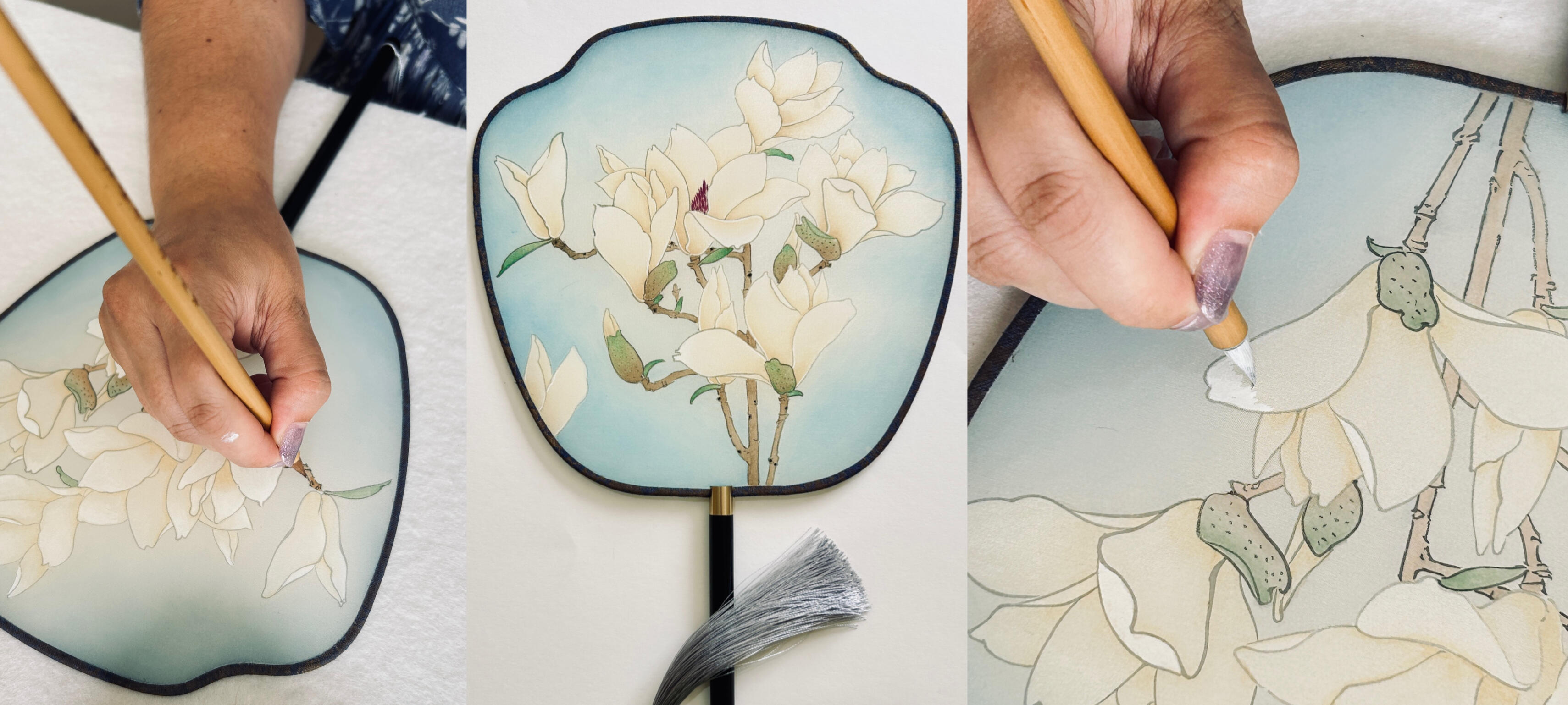 Chinese Silk Fan Painting Workshop | Create your own hand-painted silk fan while learning traditional Gongbi painting techniques. A relaxing and creative experience suitable for beginners and art lovers. View available dates on ClassBento.